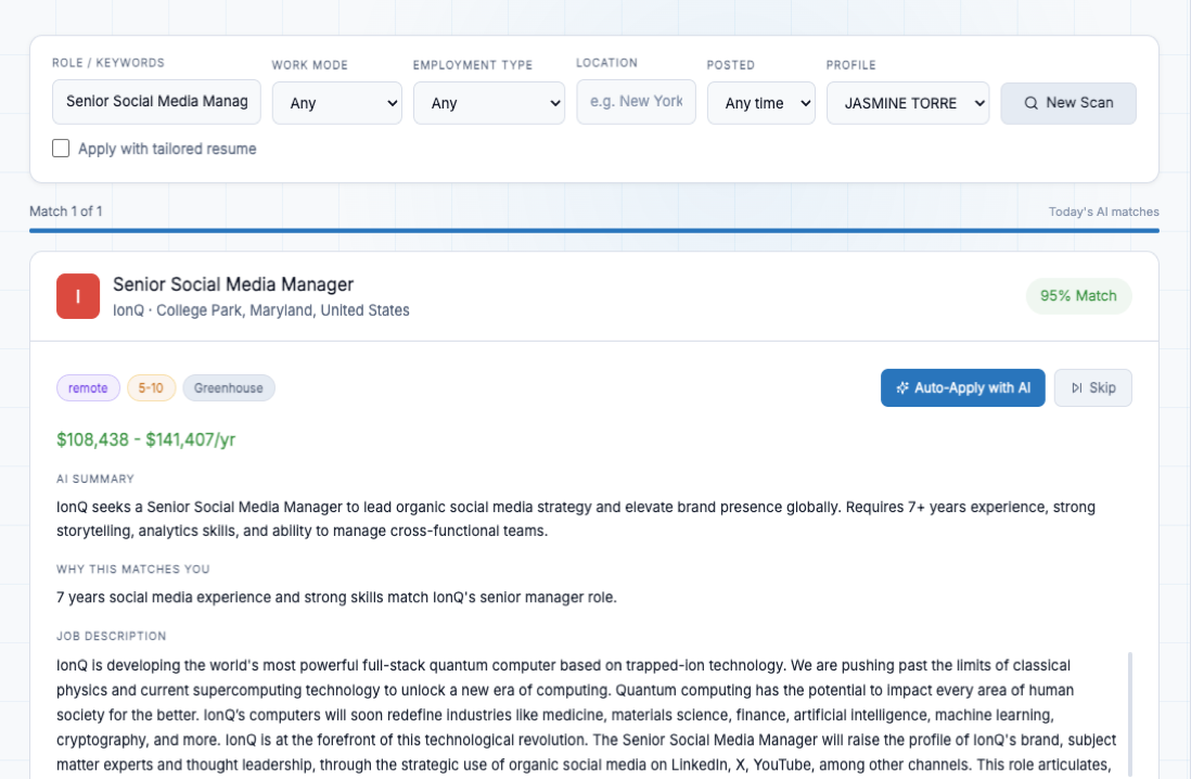 FastApply's AI Job Matcher screen ranking job listings by match score against the user's profile