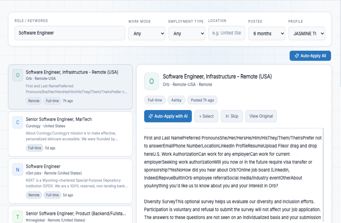 FastApply's Browse & Apply screen listing matched jobs with one-click apply buttons