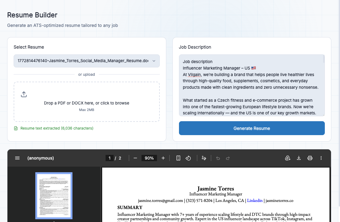 FastApply's AI Resume Builder screen tailoring a resume to a specific job description